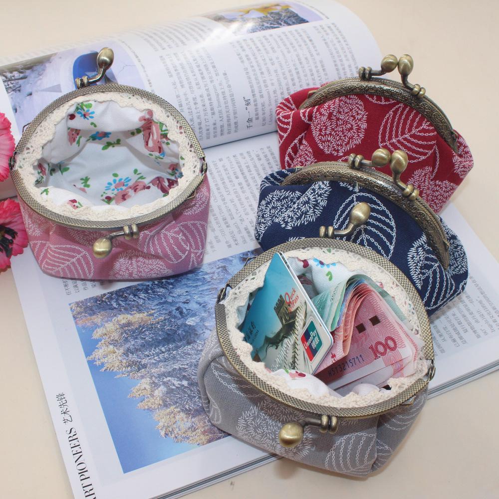 10.5cm Canvas Leaf Print Clasp Coin Purse - Handmade Retro Ladies' Clutch with Snap Closure