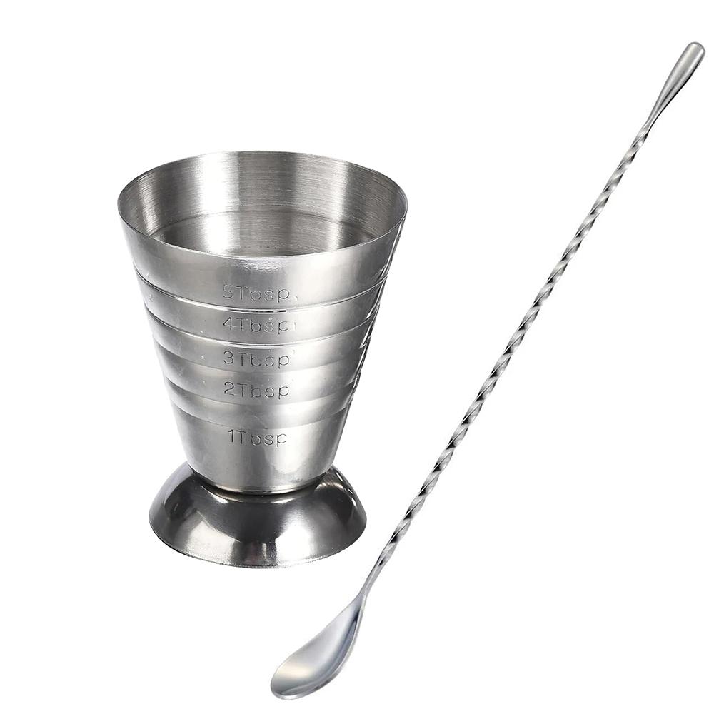 Stainless Steel Measuring Cup with Mixing Spoon Cocktail Jigger Measuring 2.5 Oz /5 Tbsp /75 Ml Liquor Shot Set Bar Accessories