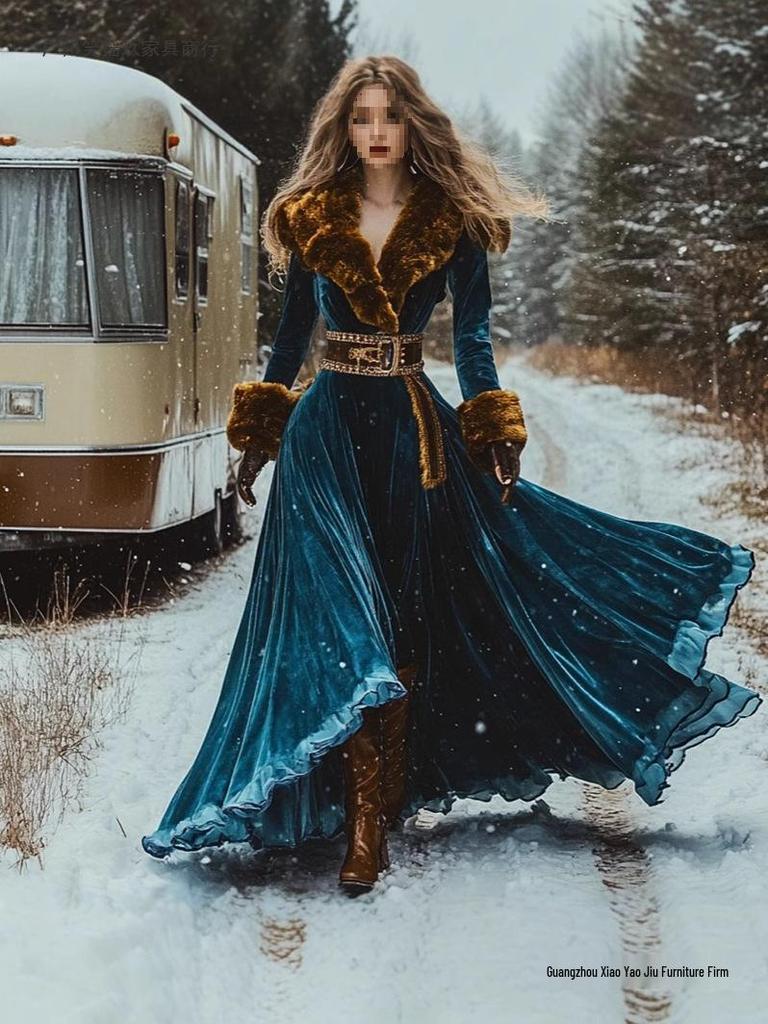 2026 European & American Women's Thick Velvet Long Sleeve Fur Collar Dress