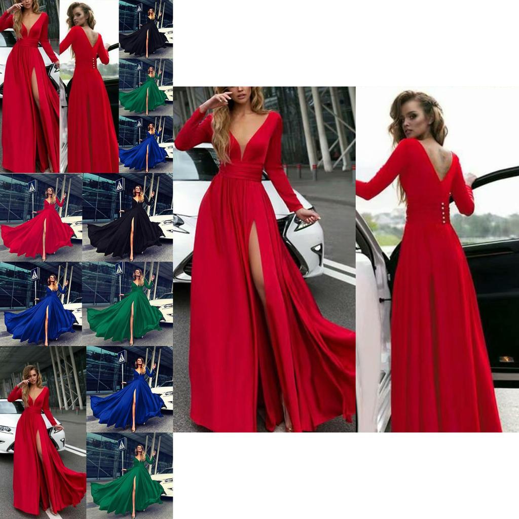 Women Deep V Neck Long Sleeve Slit Prom Gown Dress Elegant Bridesmaid Evening Maxi Dress