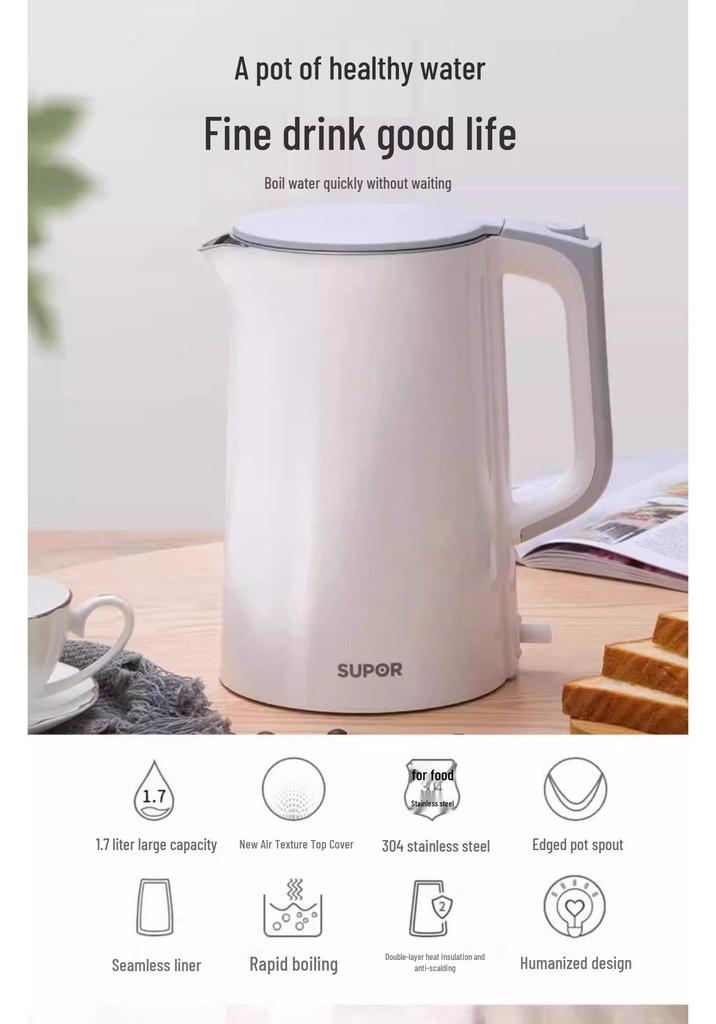 Supor 1,7L doppelwandiger elektrischer Wasserkocher, 1500W, verbrühsicher, aus 304 Edelstahl
