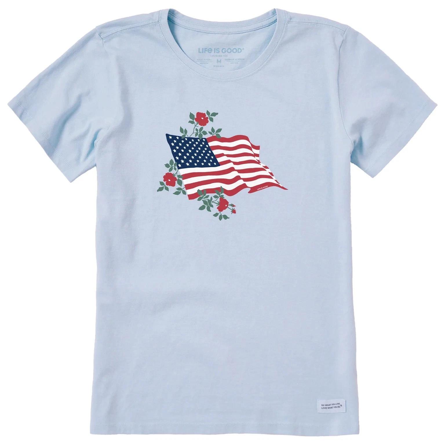 

Women s Red Rose American Flag Short Sleeve Crusher Tee, Glacier Blue 4XL