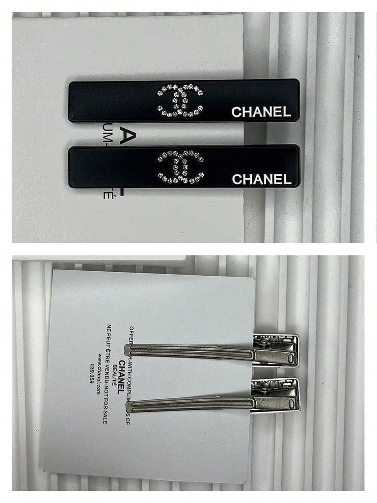 Chanel Rhinestone CC Logo Hair Barrettes, Black Elegant Hair Clips, Luxury Brand Beauty Accessories Hair Pins