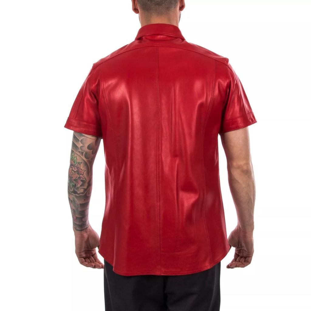 100% Pure Original Leather Genuine Lambskin Formal Casual Red Shirt Handmade Men Stylish Classic