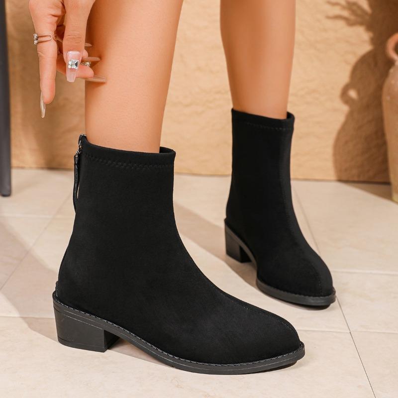 Fashion Fall New Pointed Toe Suede Rear Zip Block Heel Booties Women's Fashion Rear Zip Anti-Slip Wear-Resistant Single Boots