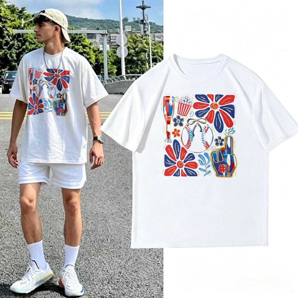 Baseball Game Day Floral Collage Graphic T Shirt Unisex Oversized Loose Cotton Short Sleeve Tee Retro Sport Flower Print