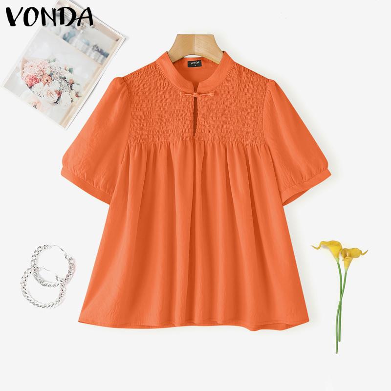 

VONDA Summer Women Short Sleeve Ruffled Solid Color Casual Blouse 4XL