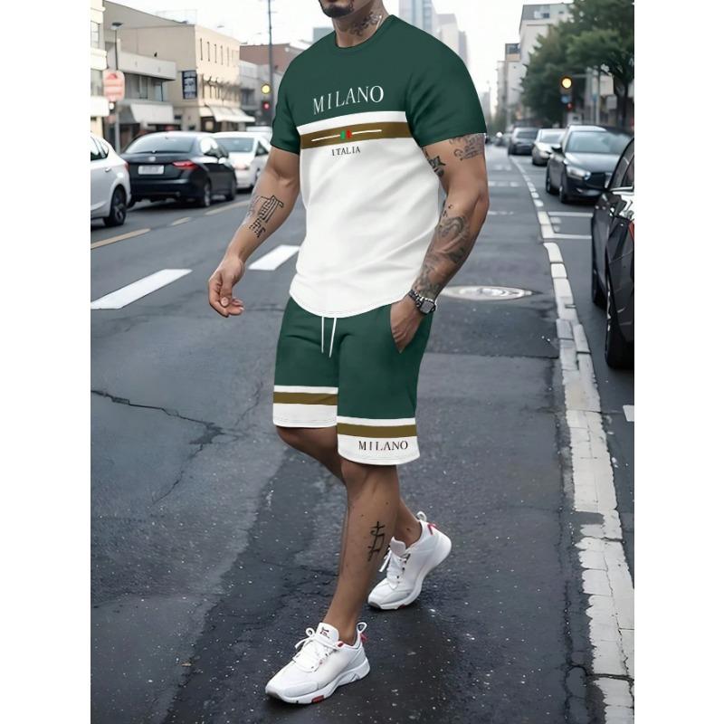 Summer Men's Stripe Letter Print Short Sleeve Top Shorts 2 Pieces Set Oversized Loose Round Neck T-shirt Man Drawstring Shorts