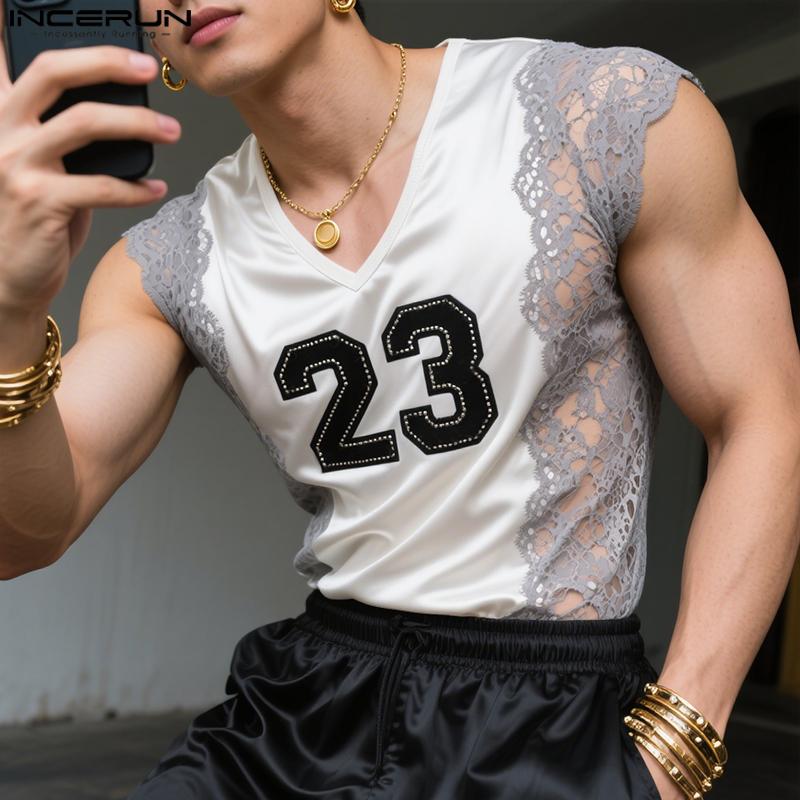 INCERUN Men V Neck Sleeveless Lace Hem Letter Patchwork Casual Tank Tops Undershirts