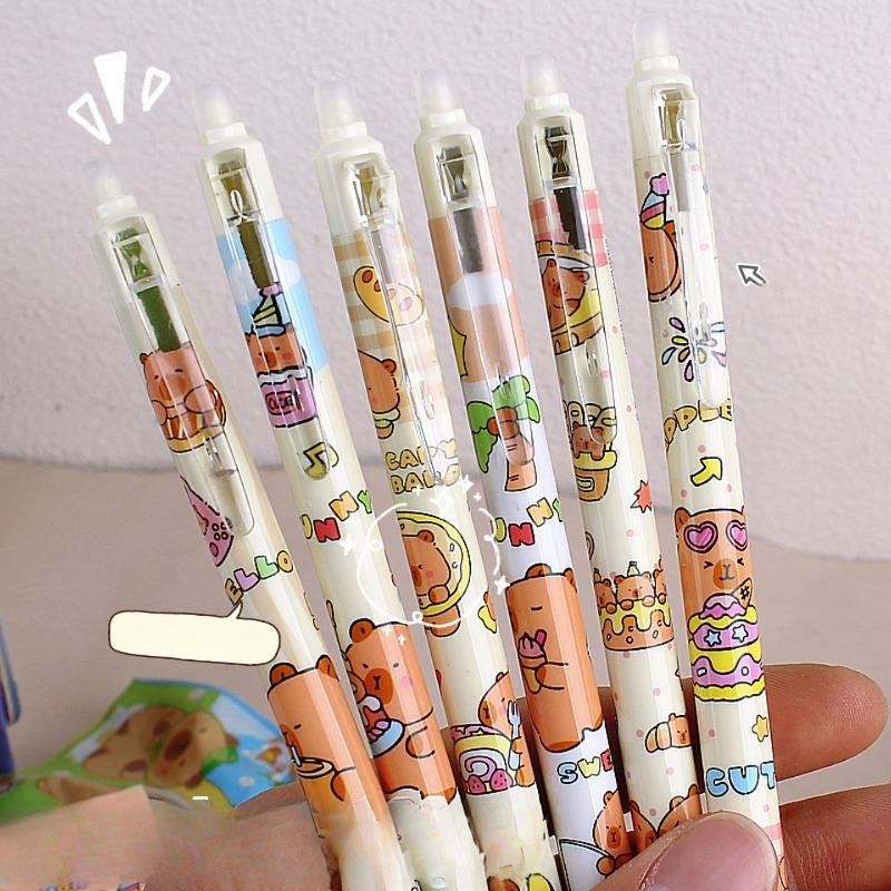 12Pcs(4 Sets) Capybara Press Erasable Gel Pen for School Students Cute Rub Easy Rub Hot Erasable Neutral Pen 0.5mm