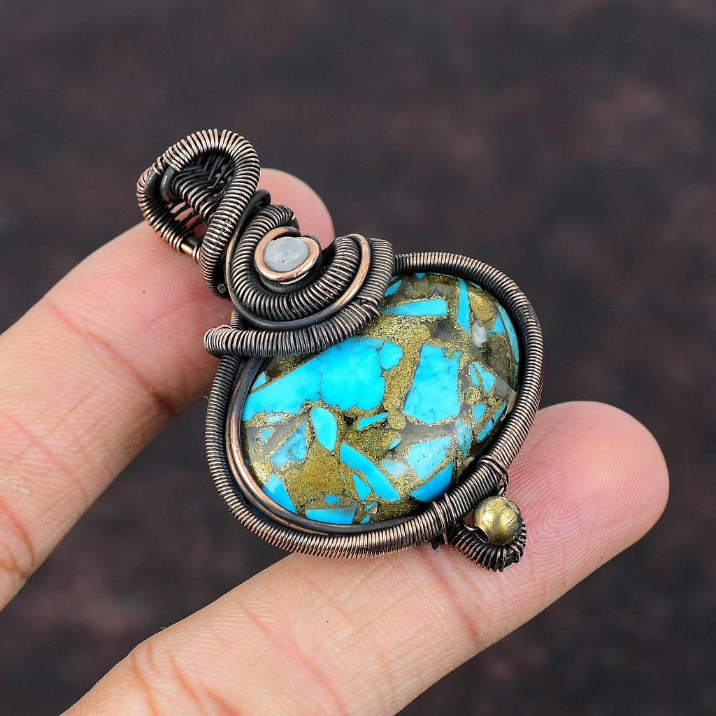 Kupfer Blauer Türkis Anhänger Kupferdraht gewickelter Schmuck Regenbogen Mondstein Anhänger Edelsteinschmuck zum Geschenk Handgemachter Kupferdraht Anhänger