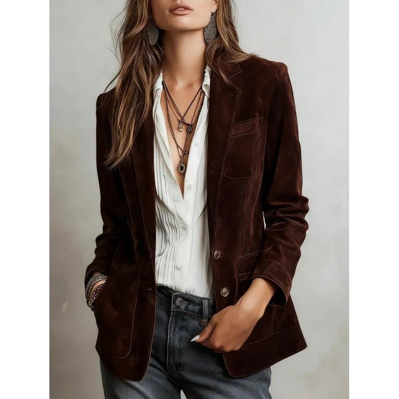 Womens Vintage Chic Suede-Like Blazer Jacket Single Breasted Loose Fit Street Style 2025