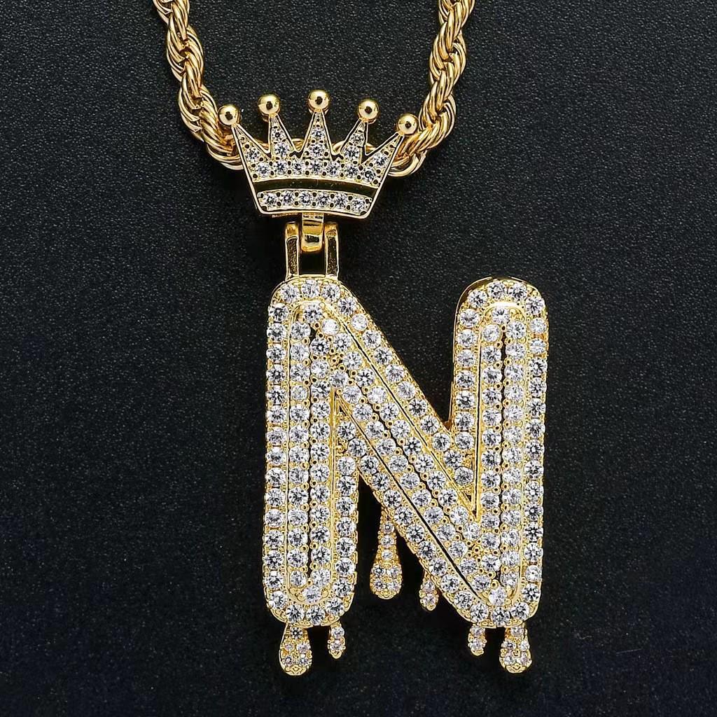 Stylish Hip Hop Zircon Crown Pendant Necklace with 26 English Letters for Women