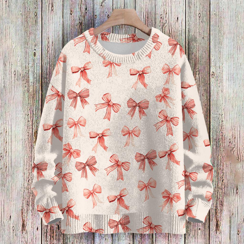 Women's Casual Long Sleeve Bow Woolen Sweatshirt Fall  Vacation Long Sleeve Pullover