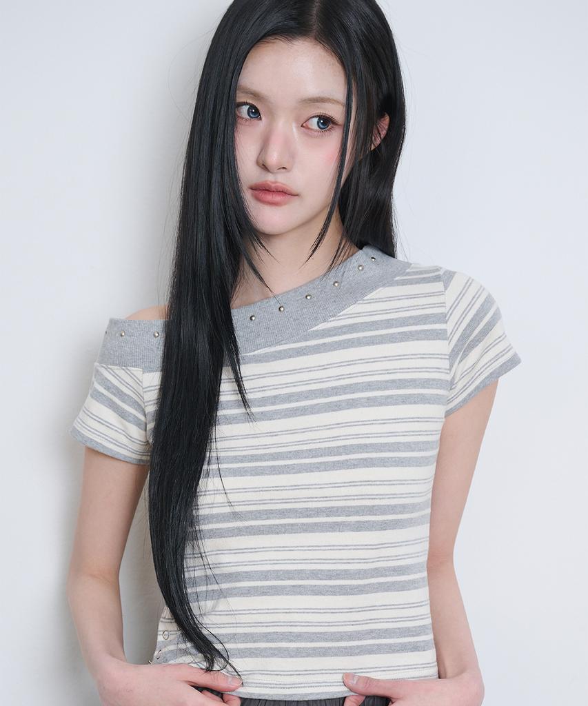 ILLIGO One-Shoulder Studded Stripe Top Grey Ivory