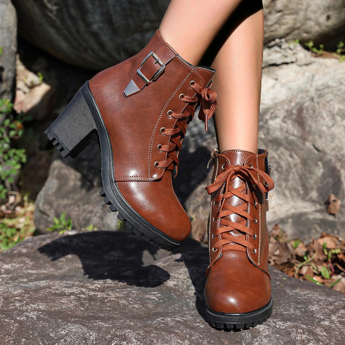 Осень-зима Большие размеры женские ПУ короткие сапоги удобные теплые круглые с пряжкой — фото 5