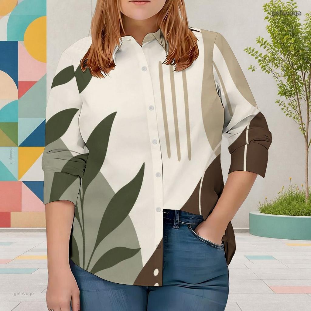 Women Plus Size Geometric Color Block Printed Collared Long Sleeve Cut Out Button Front Shirt