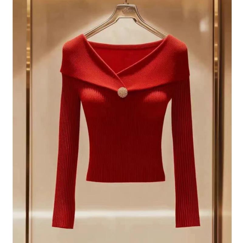 

Модный элегантный пуловер с длинным рукавом, свитер с V-образным вырезом, женский новый вязаный облегающий осенний джемпер, повседневный однотонный трикотаж, милый короткий топ, одежда one size красный