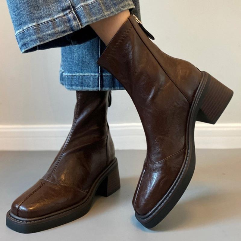 Leather retro high-heeled short boots women`s
