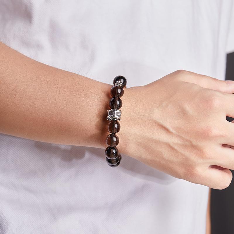 Men's Vintage S925 Sterling Silver Gold Sandalwood Icy Obsidian Bracelet - High-End Gift for Boyfriend