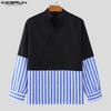 INCERUN Oversized Men Stand V Neck Long Sleeve Striped Patchwork Casual T-shirts Tops