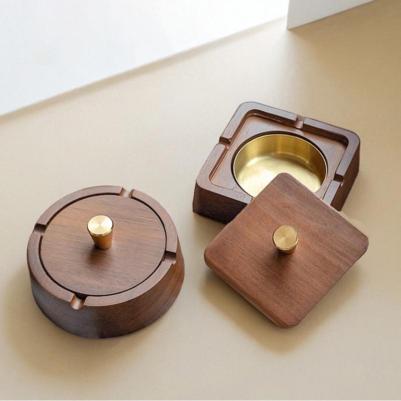New Chinese-style Solid Wood Ashtray Stainless Steel Inner Liner with Wood Lid High-End Decoration for Home Office Living Room
