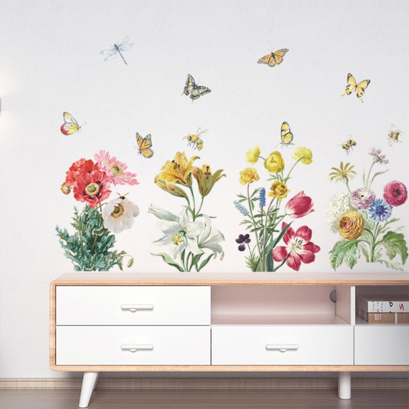 Wall  Sticker, Bright Flower Green Leaf Cluster Colored Butterflies Decoration Painting, Bedroom