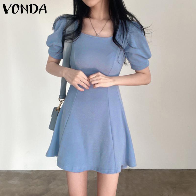 

VONDA летние тонкие женские короткие платья H-силуэта с квадратным воротником и короткими рукавами, однотонное повседневное мини-платье S-5XL