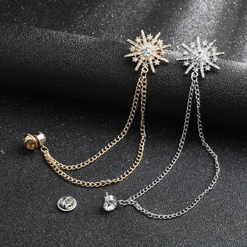 1Pc  High-end Rhinestone Star Brooch Crystal Tassel Chain Corsage Suit Coat Badge Lapel Pin for Men Women Clothing Accessories