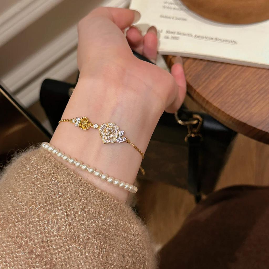 French Retro Gold Color Double Rose Flowers Design Inlaid with Full Zircon Necklaces Bracelets Rings Zircon Sets For Women