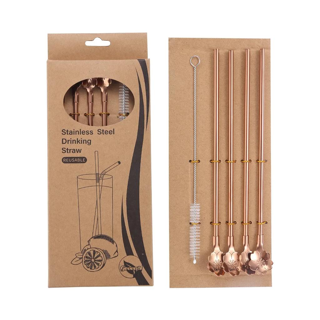 Cherry Blossom Straw Spoon Set with Cleaning Brush Stirring Spoon 304 Stainless Steel Summer Drink Cocktail Party BarAccessories