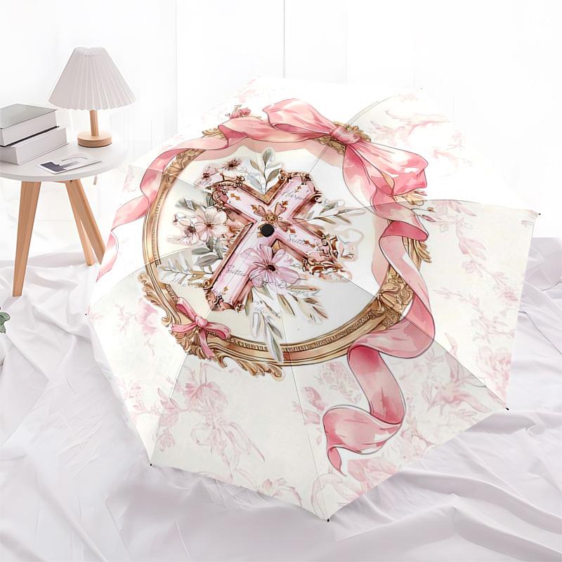 1pc Pink Floral Cross Frame Umbrella with Plastic Handle,Vibrant Cartoon Pattern,Multi-functional UmbrellaPT235