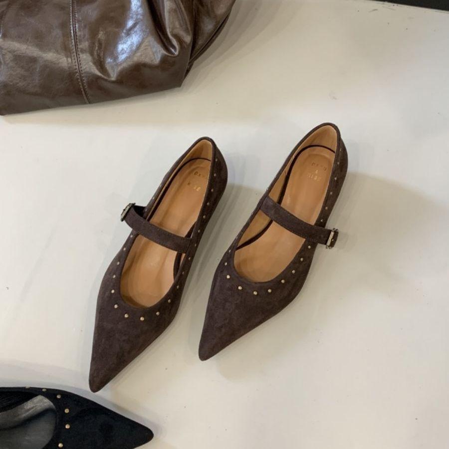 French Beautiful Rivet One-word Buckle with Flat Heel Shallow Mouth Single Shoes Autumn Late Evening Temperament Elegant Mary Jane Shoes