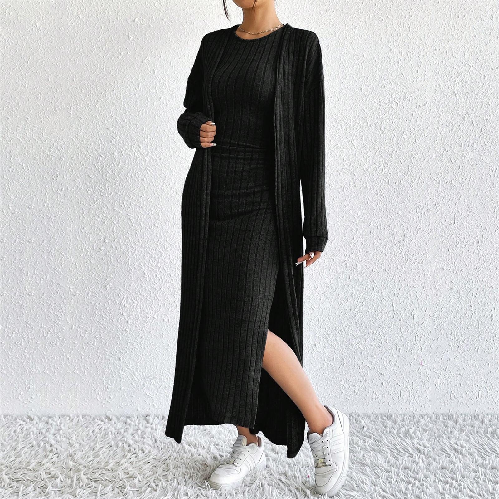 

Fashionable Vest Dress With Long Sleeves And Long Coat—two-piece Set L чёрный