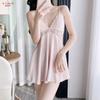 New light luxury ice silk suspender nightdress women's spring and autumn lace nightgown two-piece set pure desire wind sexy with chest pad home