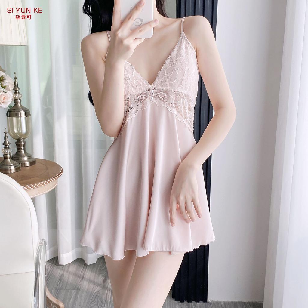 New light luxury ice silk suspender nightdress women's spring and autumn lace nightgown two-piece set pure desire wind sexy with chest pad home
