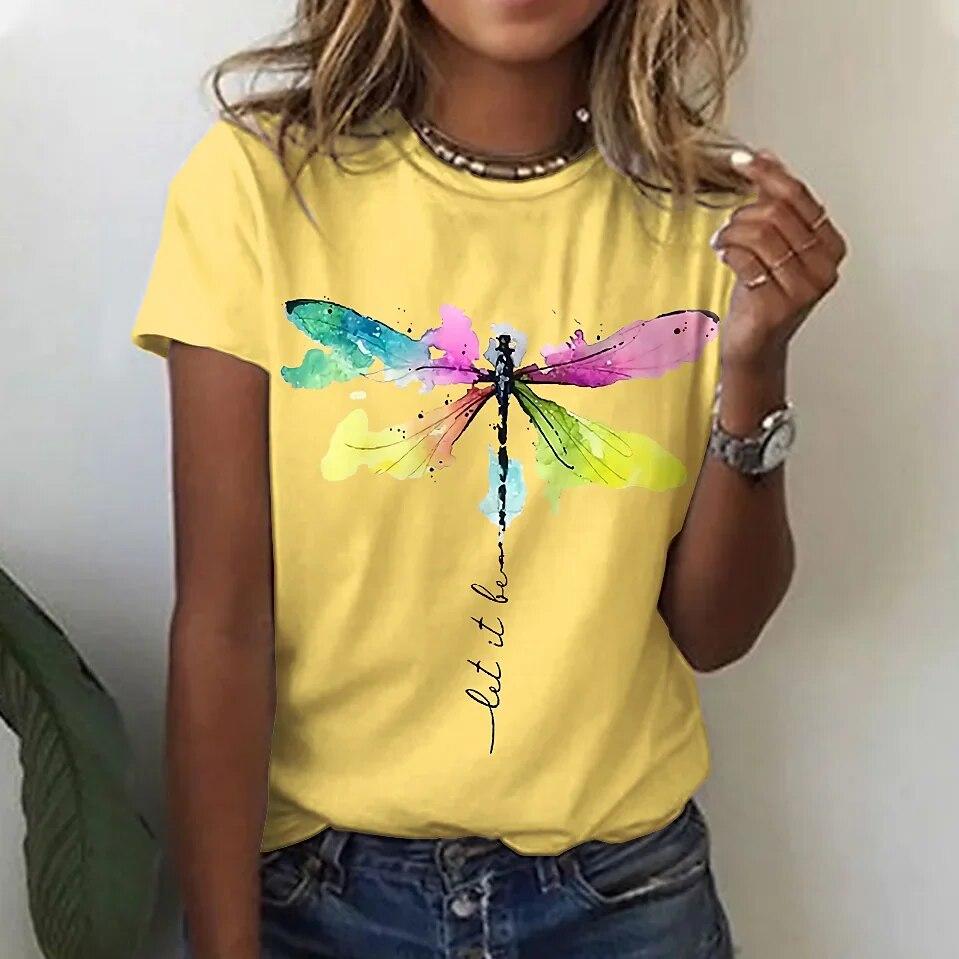 Damska koszulka 3d Dragonfly Printed Girls Top Street O-Neck z krótkim rękawem modna koszulka letnia codzienna koszulka dla kobiet