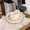 Cute Floral/Heart/Bow Tie Ceramic Cup Saucer Set Beaded Handle Scalloped Edge Coffee Milk Cup Home Kitchen Afternoon Tea Cups