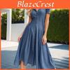 Womens Down Shirt Button Denim Dress Summer Short Sleeve Lapel V Neck Midi Dress A Line Swing Pleated Dress