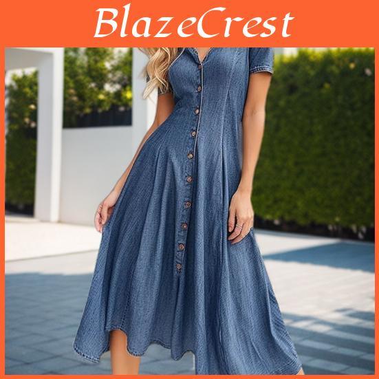 Womens Down Shirt Button Denim Dress Summer Short Sleeve Lapel V Neck Midi Dress A Line Swing Pleated Dress