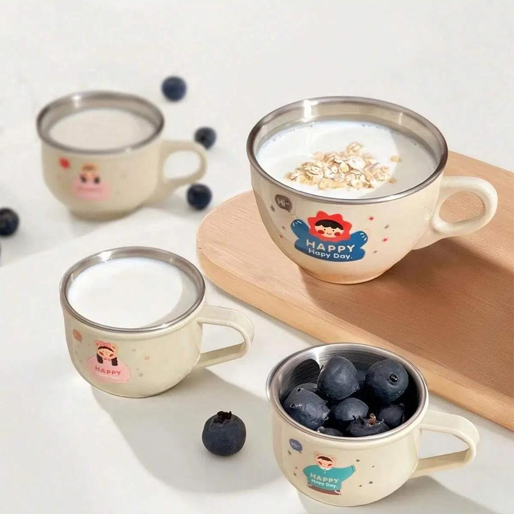 Mini Cartoon Children Water Cup With Handle 304 Stainless Steel Double Wall Milk Coffee Mug Durable Anti Scalding Drinking Cup