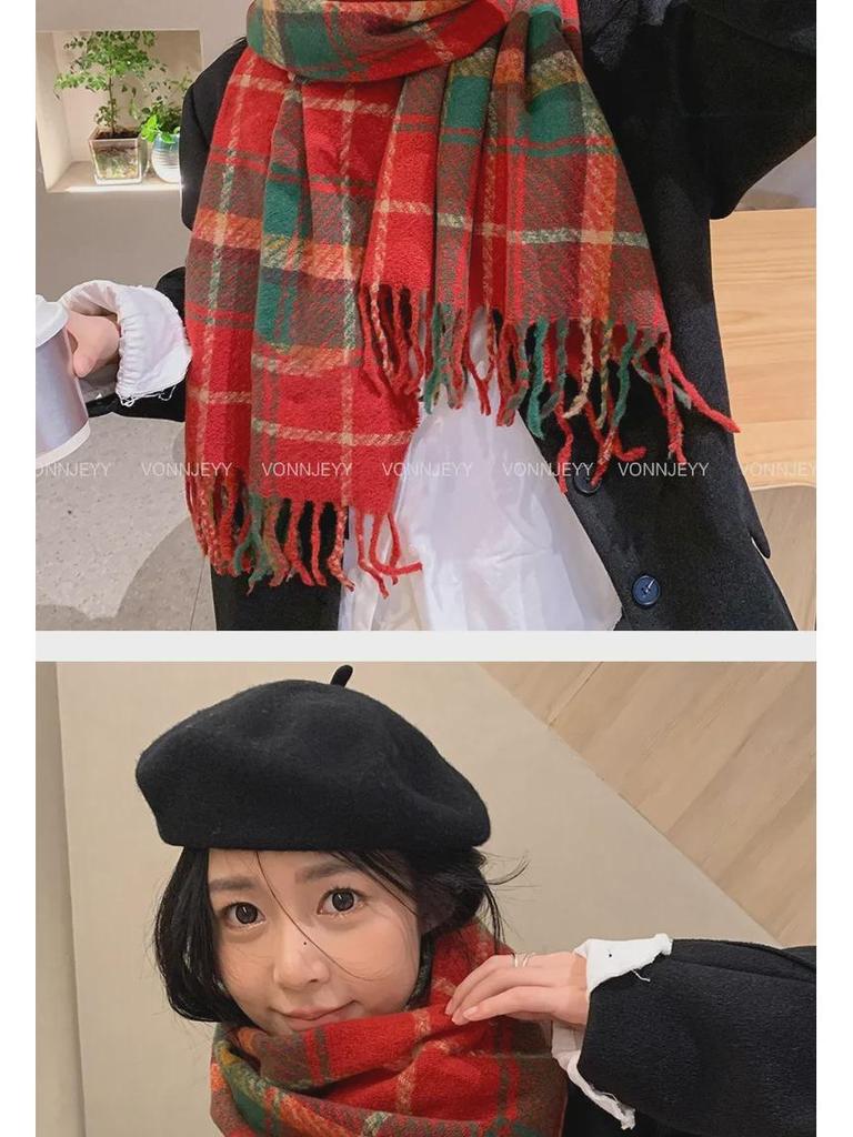 New Year Christmas Red Tassel Plaid Scarf - Women's High-End Warm Winter Korean Shawl