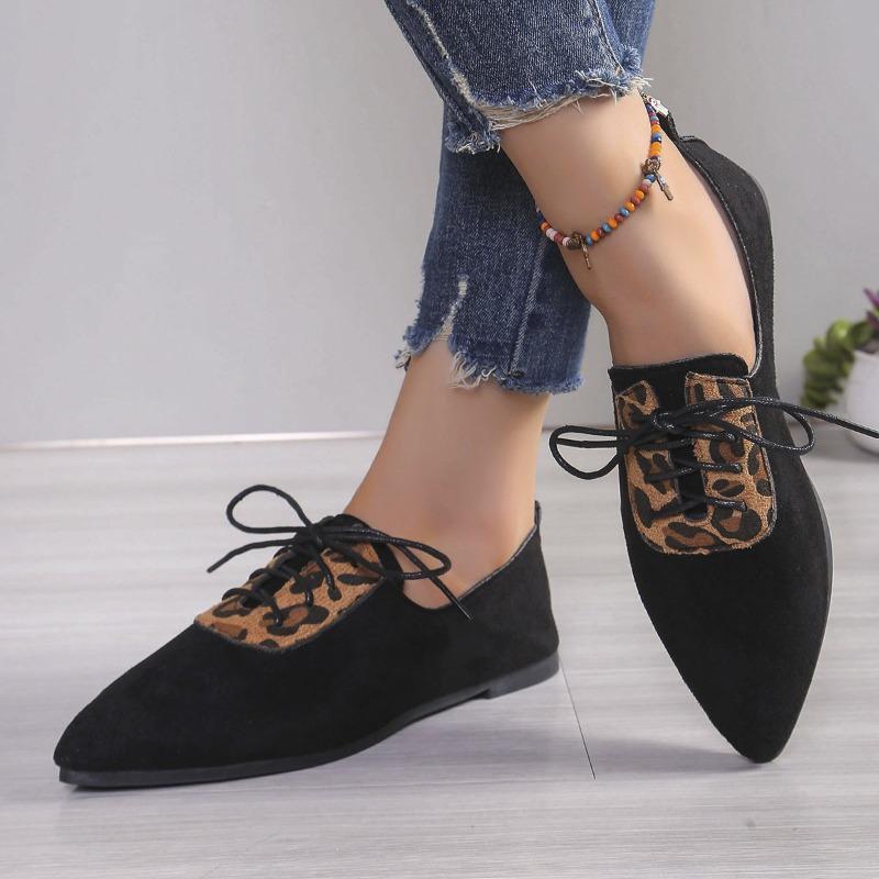 Large size leopard print single shoes women's autumn new pointed flat bottom suede casual shoes comfortable and breathable women's shoes