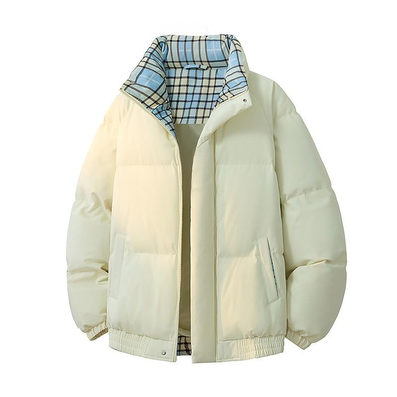 Unisex Winter Puffer Jacket Oversized Cotton Coat Stand Collar Plaid Print Warm Thick Outerwear Teens
