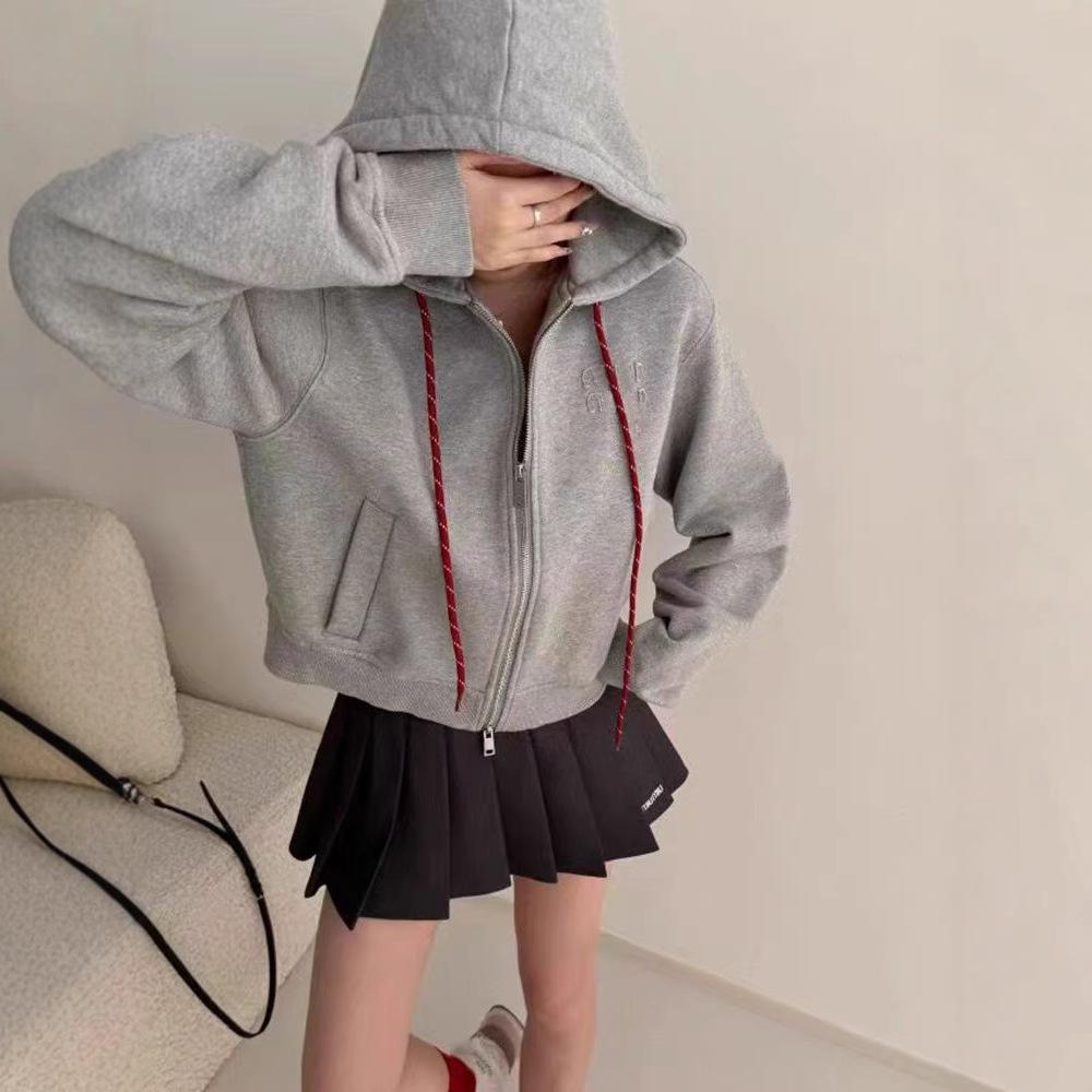 

In-Stock Women s Letter Embroidery Hoodie: MM Style, Drawstring, Loose Fit, Double Zipper Jacket Small сірий колір