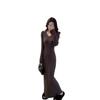 Womens Red Knit Midi Dress V-Neck Slim Fit Bodycon Long Sleeve High Waist Elegant Office Wear
