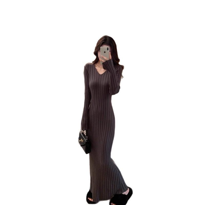Womens Red Knit Midi Dress V-Neck Slim Fit Bodycon Long Sleeve High Waist Elegant Office Wear