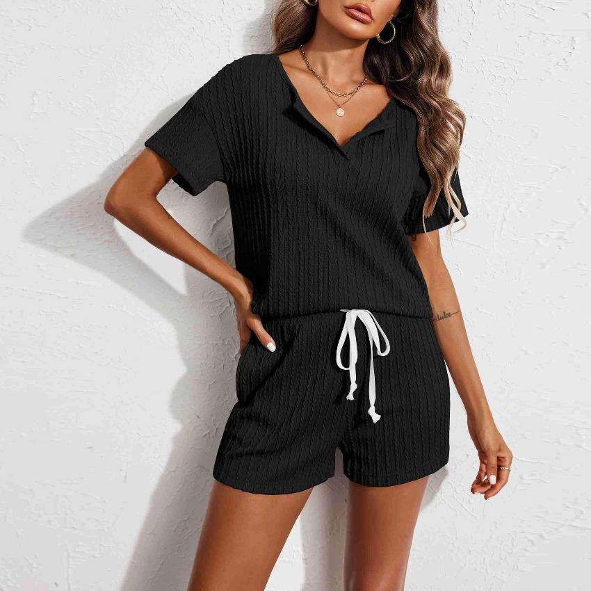 2026 Spring & Summer Women Knitted Jacquard Pajama Set, Short Sleeve & Shorts Two-piece Loungewear S чёрный