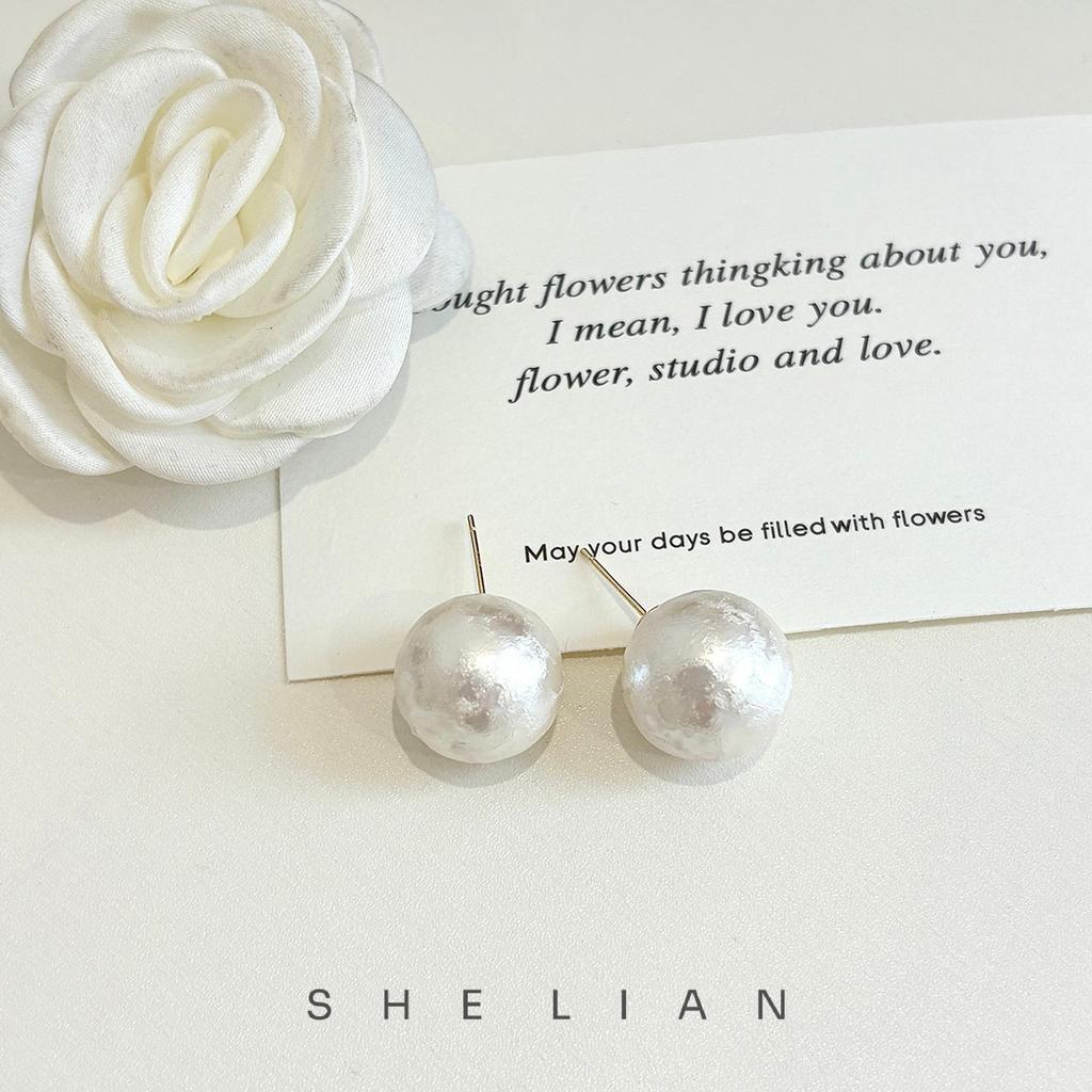 Gold Plated Mint Mambo Cotton Pearl Stud Earrings Ins Versatile Earrings Light Luxury Premium Silver Needle Earrings