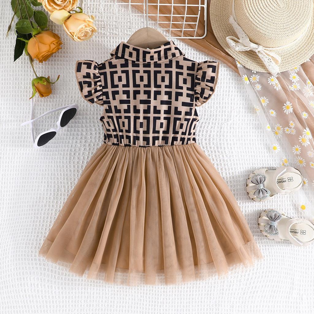 Summer Plaid Fashion Patchwork Flutter Sleeve Dress for Girls